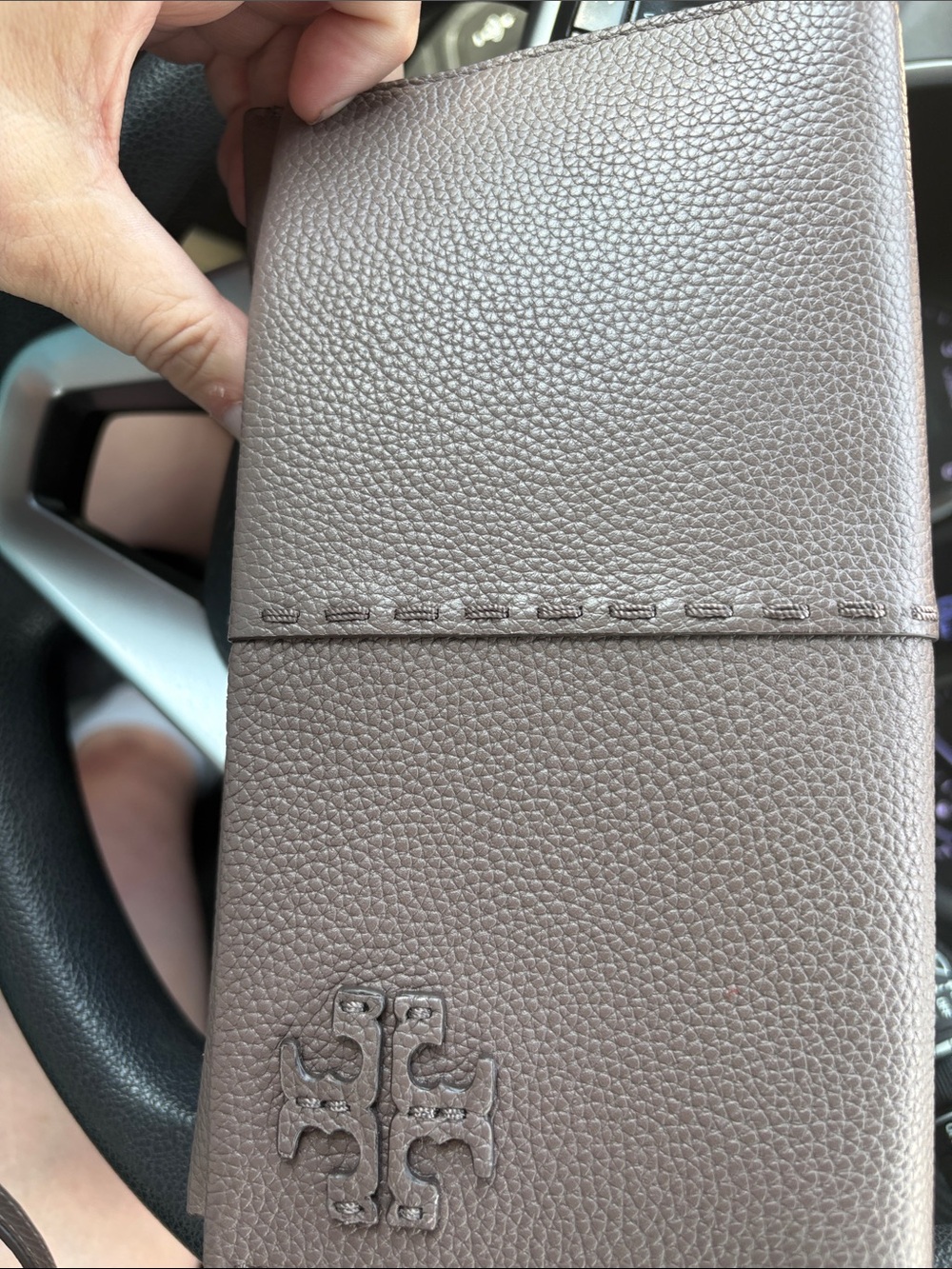 Tory Burch Taupe Pebbled Leather Card Holder with Embossed Logo